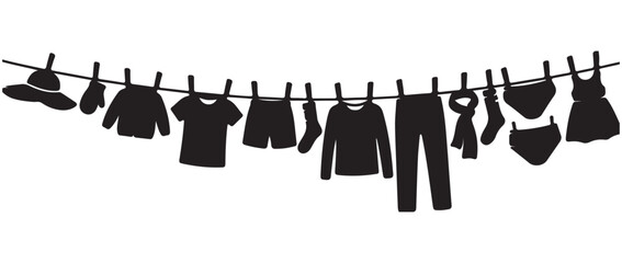 Black laundry silhouette on clothesline, hanging clothes and apparel icons, drying garments on rope vector, household chores and washing day concept © Madaheen