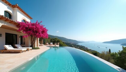 Fototapeta premium Luxury villa with infinity pool overlooks calm sea bay. Bright pink tree blooms near sun loungers. White modern house on green hill near blue ocean.