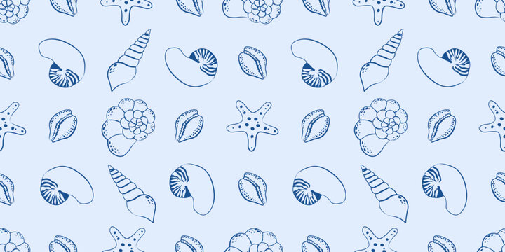 Blue hand drawn seashell and starfish seamless pattern on light background perfect for nautical textiles summer wrapping paper beach wallpaper and coastal stationery designs