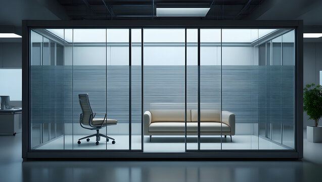 This professional photograph captures a modern glass office meeting room featuring a comfortable leather sofa and a sleek ergonomic chair