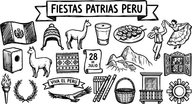 Peruvian National Holidays Hand-drawn Icons Set. Black  White Line Art Doodle Collection of Peru Culture, Food, Animals, Landmarks, and Symbols for Travel and Heritage.