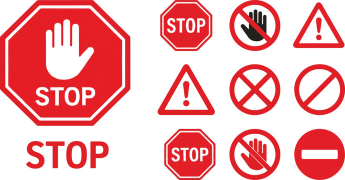 Red stop sign collection with hand gesture icons, prohibition symbols and warning triangle set, flat vector safety and traffic alert elements
