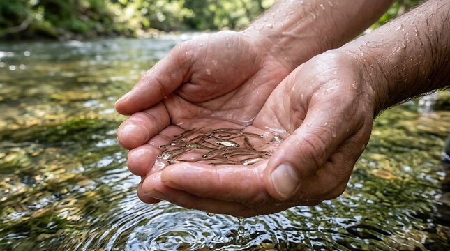 Close Up of Cupped Hands Holding Tiny Fingerling Fish over Clear River, Wildlife Restocking and Freshwater Ecology Conservation