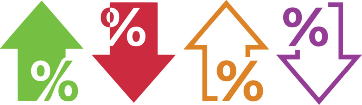 Financial percentage arrow icons set, colorful up and down growth symbols, business interest rate and discount vector graphics for data analysis