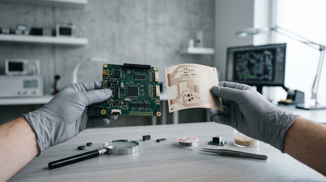 Engineer comparing traditional and degradable circuit board materials