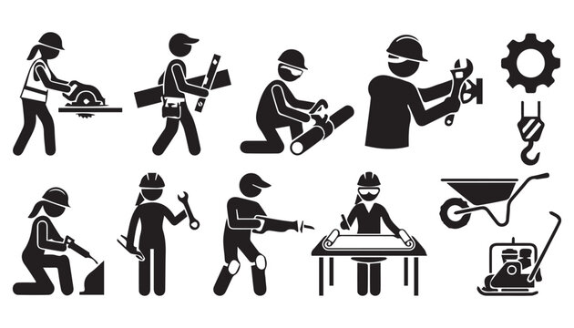 Construction Worker Stick Figures with Tools and Equipment