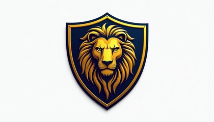Obraz premium Golden lion head emblem on dark shield. Symbol of strength courage leadership pride power. Represents authority victory and excellence. Great for sports teams corporate branding and logos.