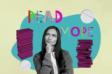 Obraz premium Trendy art full zine photo collage of happy girl guy sit library academic book stack education learner pencil ruler read more letters