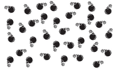 Minimalist bomb pattern vector, black and white explosive icons background, cartoon bomb wallpaper with lit fuses, seamless graphic design element © Madaheen