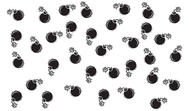 Minimalist bomb pattern vector, black and white explosive icons background, cartoon bomb wallpaper with lit fuses, seamless graphic design element