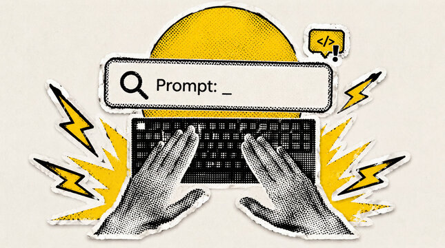 Pop Art Halftone AI Prompt Writing Sticker Illustration, Generative Technology Workflow, Torn Paper Collage Element, Retro Magazine Style Graphic