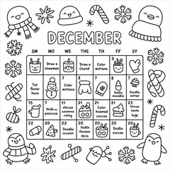 Fototapeta premium December doodle calendar coloring page with winter