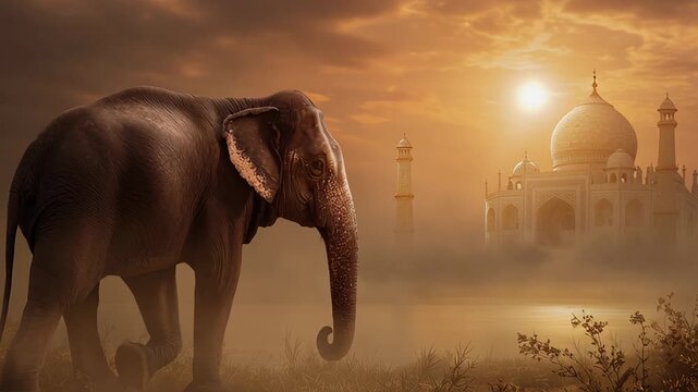 Elephant walking near taj mahal sunrise, misty golden light bathes historic monument matriarch wanders across grassland, trunk raised in gentle motion, dust