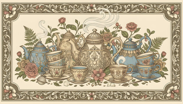 Victorian Tea Party Scene with Teapots and Cups for Tea Day Celebration
