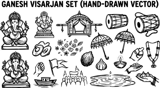 Ganesha Visarjan Hand-Drawn Vector Set