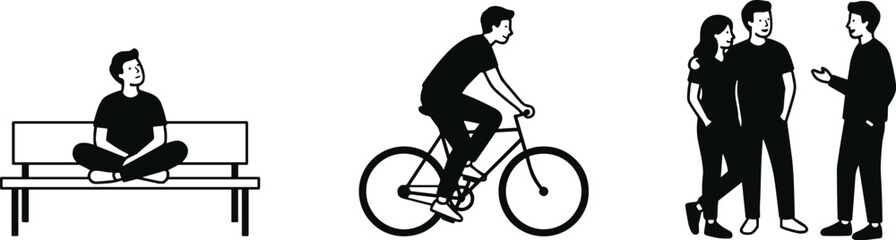 Fototapeta premium Minimal Urban Lifestyle Silhouettes Vector Collection Modern black silhouette illustration featuring a person sitting on a bench, a cyclist riding a bicycle, and a group of standing people in flat vec