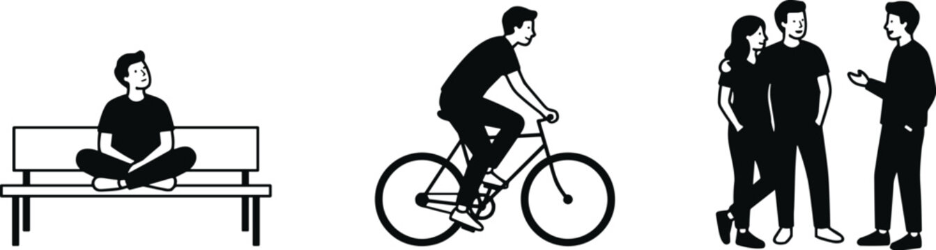 Minimal Urban Lifestyle Silhouettes Vector Collection
Modern black silhouette illustration featuring a person sitting on a bench, a cyclist riding a bicycle, and a group of standing people in flat vec