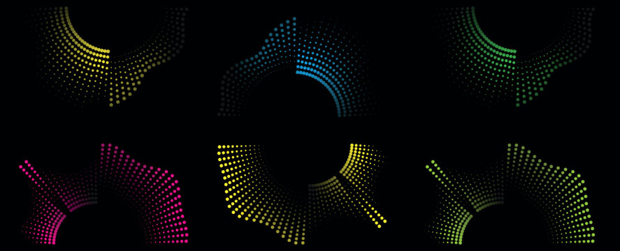 Abstract halftone circular shapes design set in bright colors on black background for modern graphic templates and futuristic digital art compositions for creative website layouts