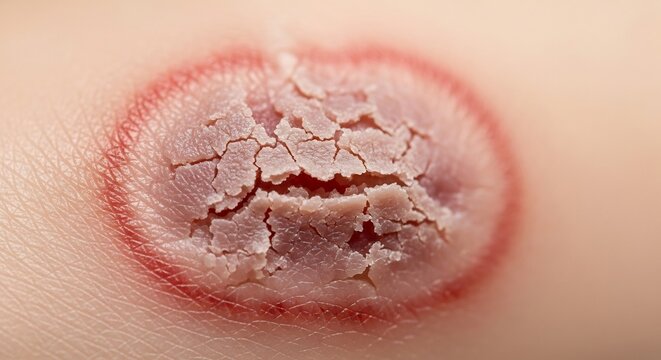 Ringworm infection on skin with cracked and scaly center.