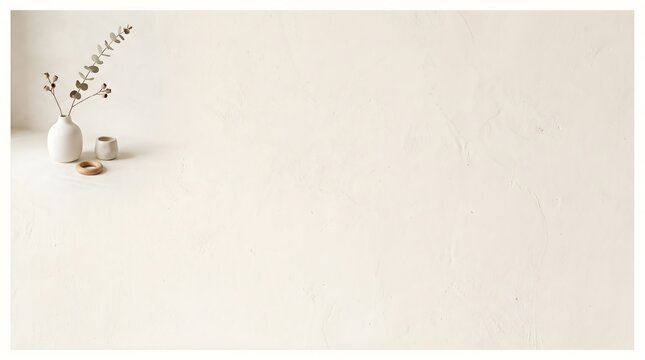 Minimalist neutral still life with eucalyptus branch in vase and wooden teether