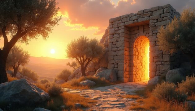 Ancient stone tomb entrance with rolled away rock at sunrise. Light spills from cave opening surrounded by olive trees on rocky hill. Warm golden hour sun illuminates ancient burial site pathway.
