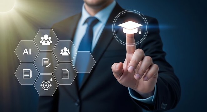 Businessman's finger touching graduation cap ai and business in honeycomb hand pressing