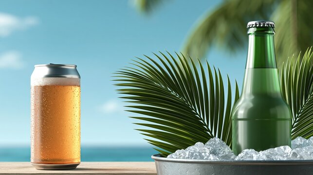Cold beer can and green bottle placed on ice with palm leaves, ocean view in the background, perfect for summer refreshment and outdoor gatherings