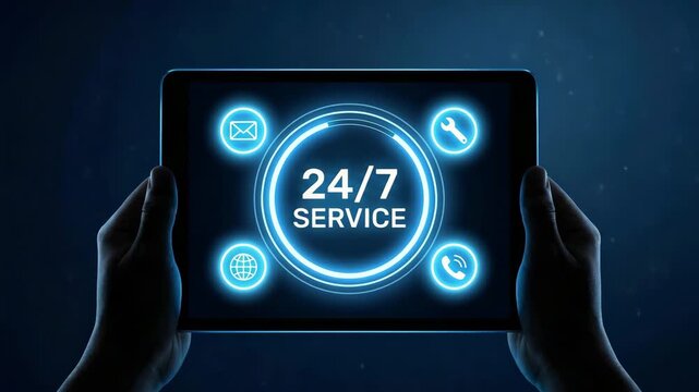 A tablet displaying a 24/7 service icon with communication symbols for customer support and assistance.