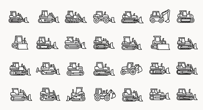 Collection of line art icons representing various construction vehicles like bulldozers excavators and loaders