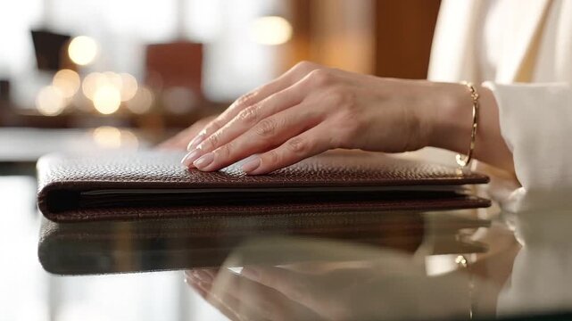 Elegant professional's hands gently resting on a sophisticated leather folder, reflecting a moment of calm focus amidst a soft, blurred office environment