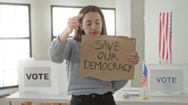 Woman holding cardboard sign reading save our democracy and pointing finger with bare hand inside voting building; voter rights urgency.