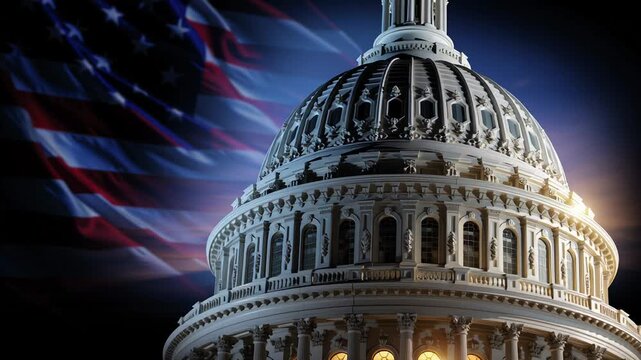 Capitol dome with waving flag, dramatic night lighting highlights neoclassical architecture and columns against blurred stars and stripes backdrop cinematic