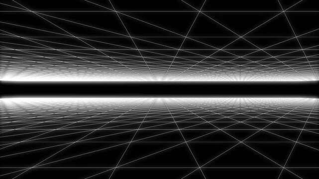 Digital glow cyberspace laser neon grid floor animation with perspective motion, Abstract sci fi grid tunnel animation with glowing neon wireframe lines and seamless loop background in 4K