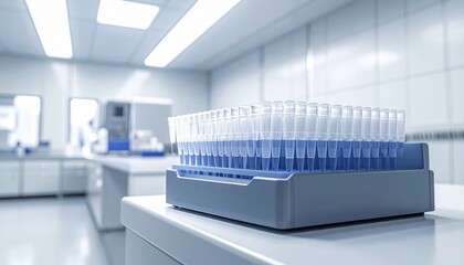 Fototapeta premium Neatly arranged sterile pipette tips in a laboratory setting