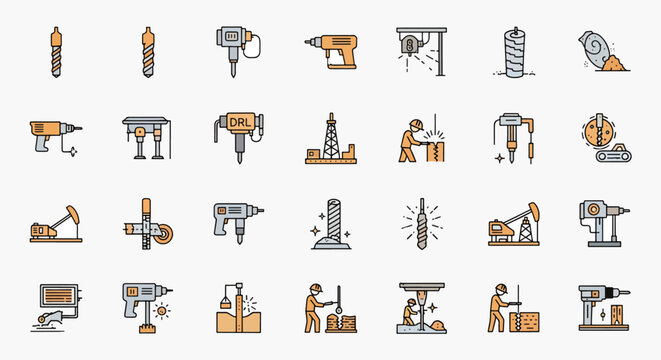 Collection of drilling and mining equipment icons for industrial and construction projects, featuring drills, rigs, and tools