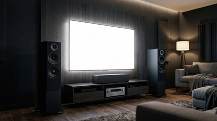 Fototapeta premium Modern home theater interior featuring a blank glowing TV screen mounted on a dark wood wall, high-end audio tower speakers, cozy luxury sofa, warm ambient lighting, and elegant decor.