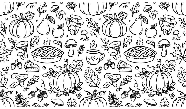 Autumn Harvest Doodle Seamless Pattern Cozy Seasonal Coloring Vector Print