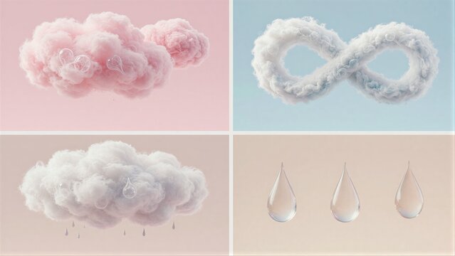 Soft clouds and delicate water droplets in pastel hues.