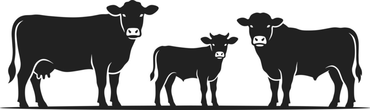 Black silhouettes of adult cows and calf standing together representing livestock family, agriculture, and rural farm animal design