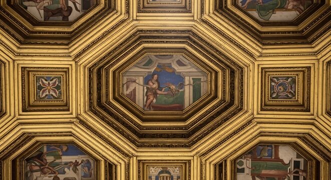 Intricate Octagonal Coffered Ceiling with Painted Frescoes.