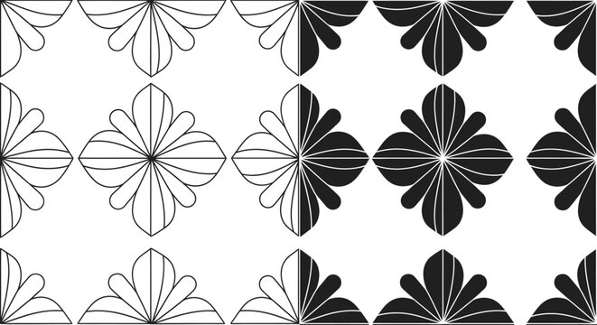 Art deco floral pattern set black and white vector illustrations