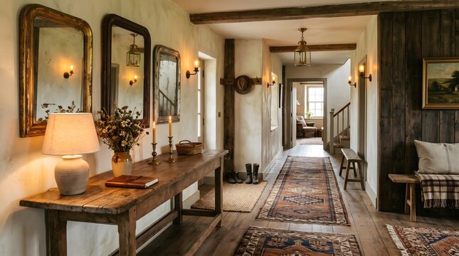 Warm and inviting rustic hallway in a traditional country home with antique decor