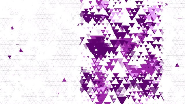 Abstract background with a dense section of purple triangles on the right side and a light outline pattern on the left. Loop animated frame with copy space on white.