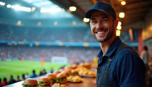Smiling man in cap works at soccer stadium concession stand. Burgers and fries ready for fans watching game. Staff serves food to hungry people enjoying sport event.