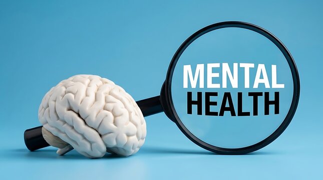 Human Brain Model with Magnifying Glass and Mental Health Text on Blue Background for Concept