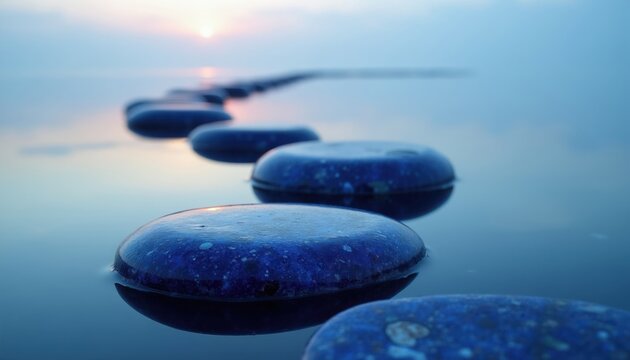 Deep blue lapis lazuli stones arranged in calm water forming a path. Smooth wet pebbles float on still liquid surface at sunrise. Tranquil scene evokes peace and balance.