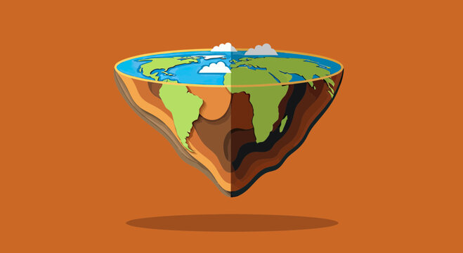 Flat Earth Theory Concept Illustration with Cross Section of Geological Layers and World Map