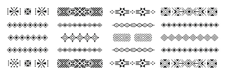 Tribal dividers, borders, and delimiters with vector geometric patterns and ethnic ornament motifs inspired by African and Mexican tribal design, featuring symmetrical shapes, line art separators, and © Mizu Ahmed 1