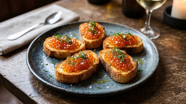 Gourmet appetizer presentation shows thick toasted crostini bread topped with bright red salmon caviar and fresh green dill on ceramic plate.