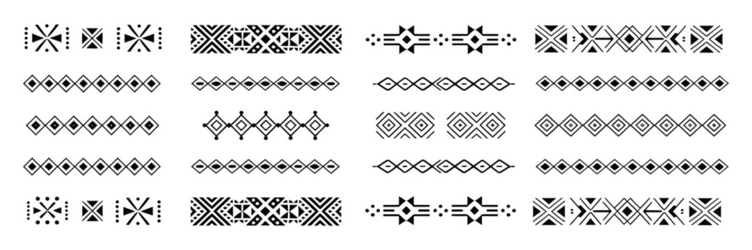 Tribal dividers, borders, and delimiters with vector geometric patterns and ethnic ornament motifs inspired by African and Mexican tribal design, featuring symmetrical shapes, line art separators, and